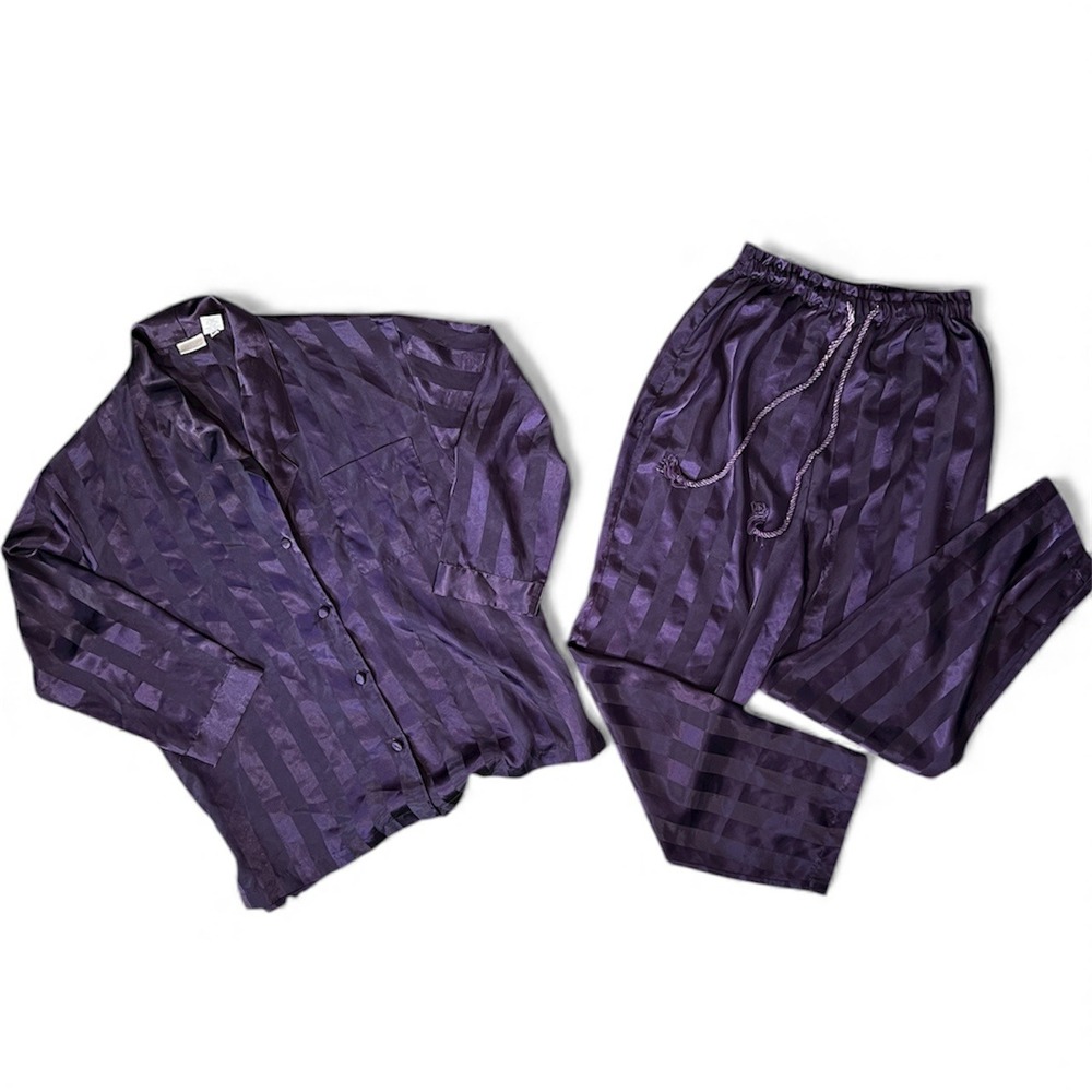 VTG Cacique Pajama Set Purple Stripe Button Down Shirt Pants Sleepwear Womens S